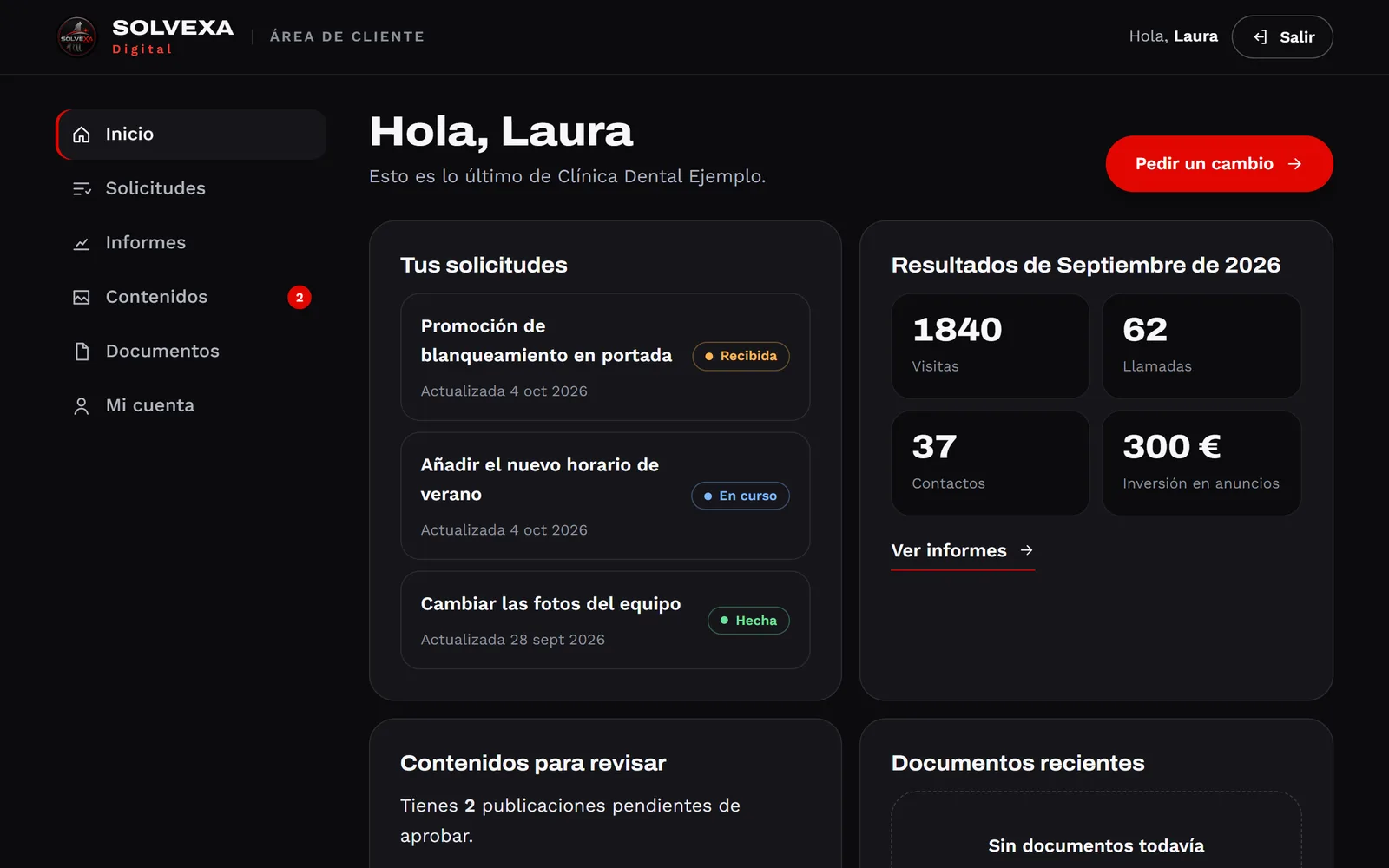 Panel del área de cliente en el ordenador: solicitudes con su estado y resultados del mes